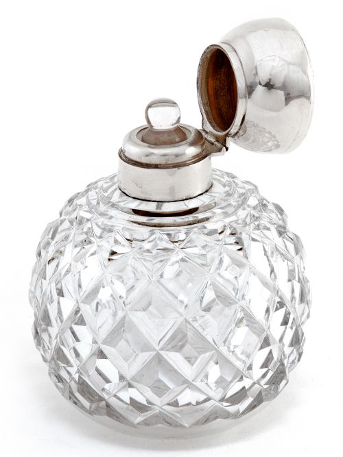 ANTIQUE GLOBE SHAPED CUT GLASS AND SILVER LIDDED PERFUME BOTTLE - ADDITIONAL PHOTO 1