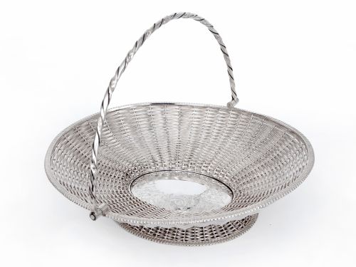 antique silver plated oval basket formed from woven wire work - CATEGORY: ANTIQUE SILVER - DATED VICTORIAN