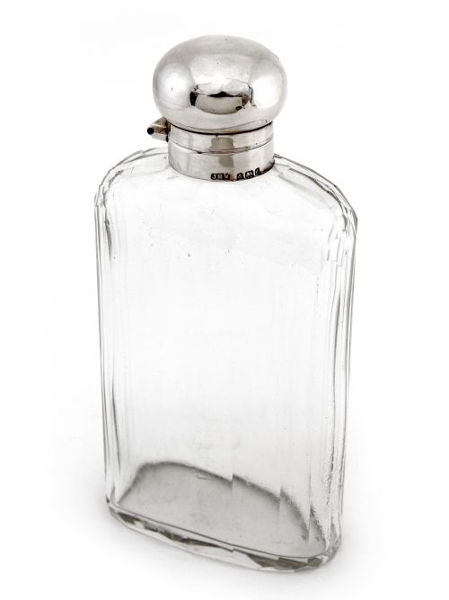 large edwardian silver and glass hip flask - CATEGORY: ANTIQUE SILVER - DATED EDWARDIAN