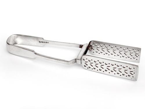 silver plated asparagus tongs with pierced rectangular blades - CATEGORY: ANTIQUE SILVER - DATED 1890