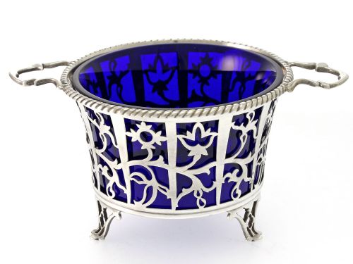 vintage silver sugar basket with blue glass liner - CATEGORY: ANTIQUE SILVER - DATED 1930