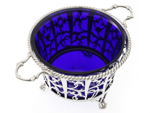 VINTAGE SILVER SUGAR BASKET WITH BLUE GLASS LINER - ADDITIONAL PHOTO 1