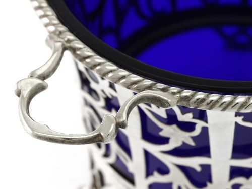 VINTAGE SILVER SUGAR BASKET WITH BLUE GLASS LINER - ADDITIONAL PHOTO 2