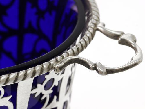VINTAGE SILVER SUGAR BASKET WITH BLUE GLASS LINER - ADDITIONAL PHOTO 3