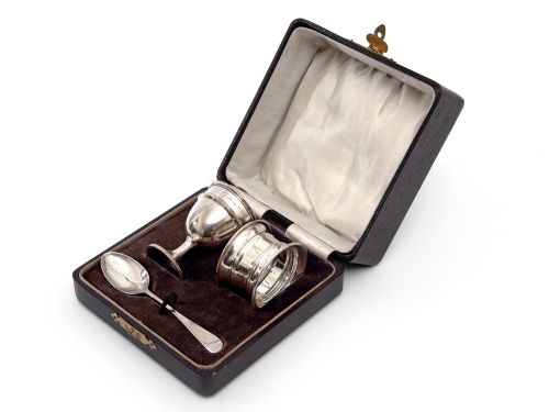 silver three piece christening set in a plain simple design - CATEGORY: ANTIQUE SILVER - DATED 1920