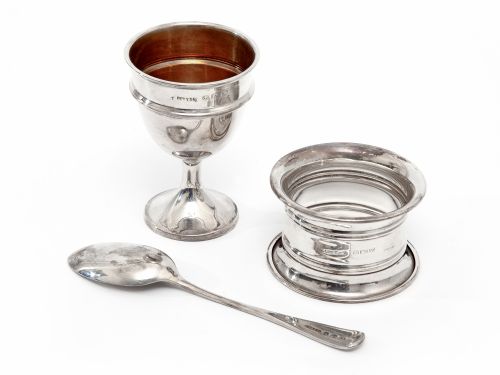 SILVER THREE PIECE CHRISTENING SET IN A PLAIN SIMPLE DESIGN - ADDITIONAL PHOTO 1