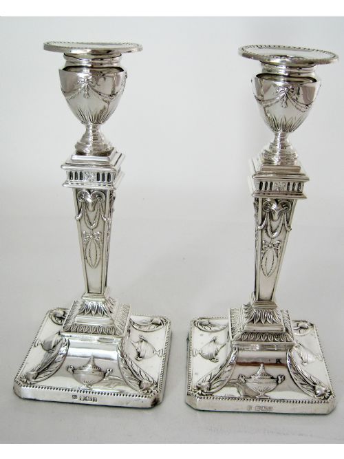pair of classical edwardian adams style silver candlesticks - CATEGORY: ANTIQUE SILVER - DATED 1900