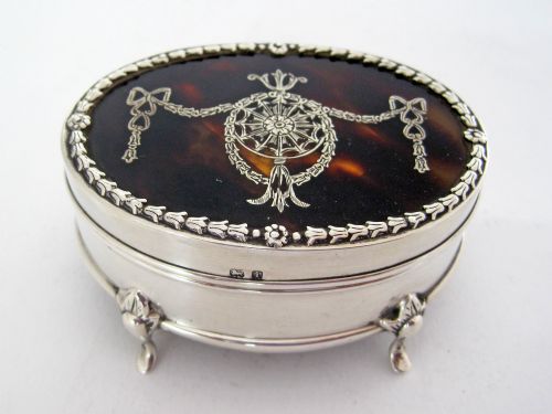 edwardian silver and tortoiseshell oval jewellery or trinket box - CATEGORY: ANTIQUE SILVER - DATED 1900