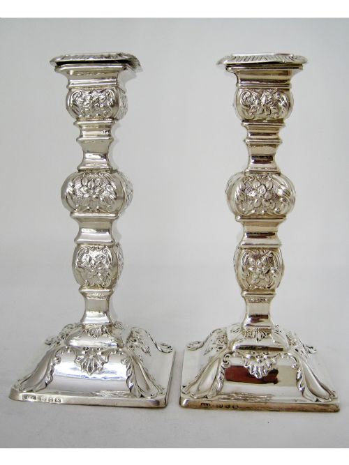 pair of ornate late victorian silver candlesticks - CATEGORY: ANTIQUE SILVER - DATED 1890