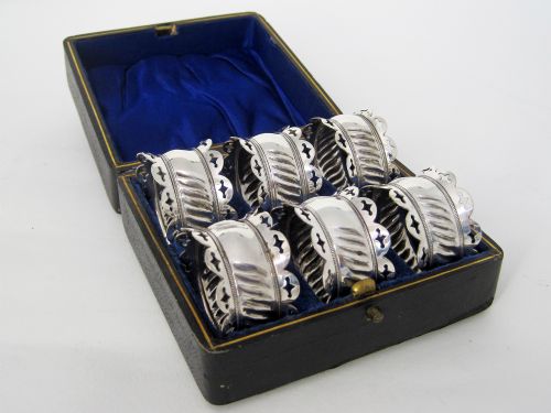 boxed set of six late victorian silver plated napkin rings - CATEGORY: ANTIQUE SILVER - DATED 1890