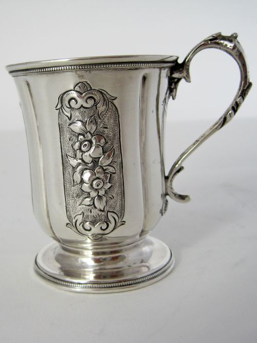 victorian silver childs christening mug with a cast floral handle - CATEGORY: ANTIQUE SILVER - DATED 1860