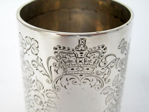 CROWN MOTIF VICTORIAN SILVER CHRISTENING MUG WITH A LOOP HANDLE - ADDITIONAL PHOTO 2
