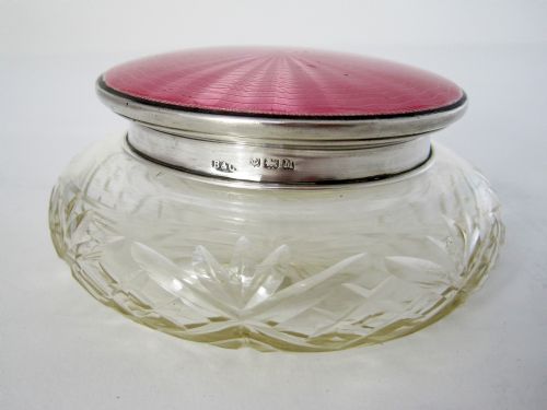 silver and pink enamel dressing table jar with a mirror under the lid - CATEGORY: ANTIQUE SILVER - DATED 1930