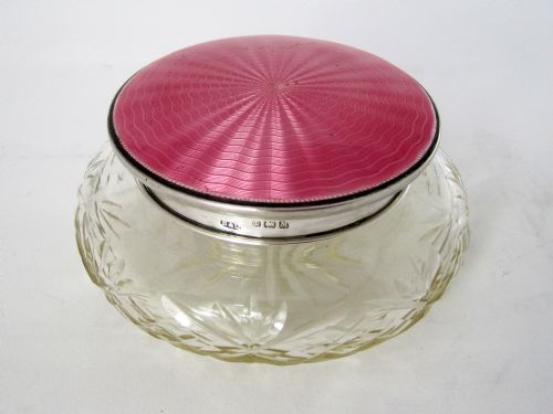 SILVER AND PINK ENAMEL DRESSING TABLE JAR WITH A MIRROR UNDER THE LID - ADDITIONAL PHOTO 1
