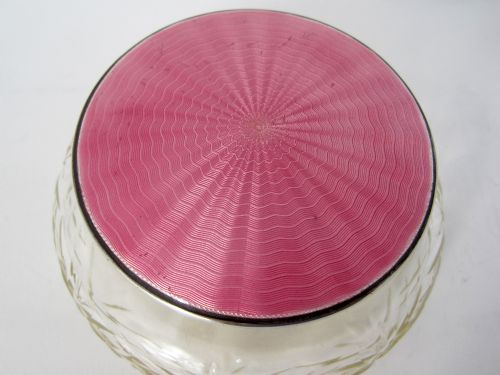 SILVER AND PINK ENAMEL DRESSING TABLE JAR WITH A MIRROR UNDER THE LID - ADDITIONAL PHOTO 2