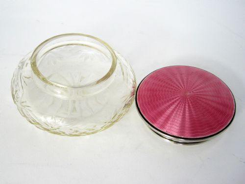 SILVER AND PINK ENAMEL DRESSING TABLE JAR WITH A MIRROR UNDER THE LID - ADDITIONAL PHOTO 3