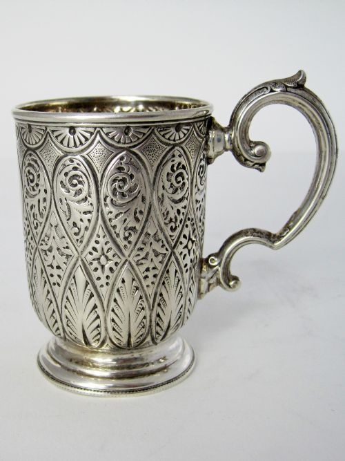 victorian silver christening mug with a floral scroll handle - CATEGORY: ANTIQUE SILVER - DATED 1880