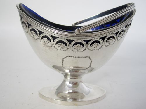 GEORGE III OVAL SILVER SUGAR BASKET WITH BRISTOL BLUE GLASS LINER - ADDITIONAL PHOTO 2