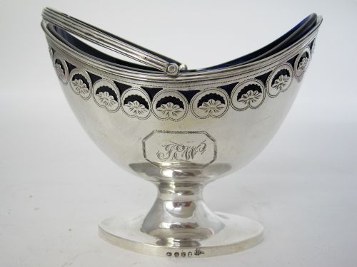 GEORGE III OVAL SILVER SUGAR BASKET WITH BRISTOL BLUE GLASS LINER - ADDITIONAL PHOTO 3