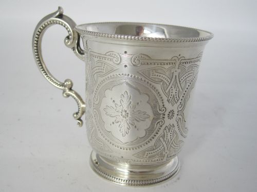 victorian tapering cylindrical silver christening mug with scroll handle - CATEGORY: ANTIQUE SILVER - DATED 1860