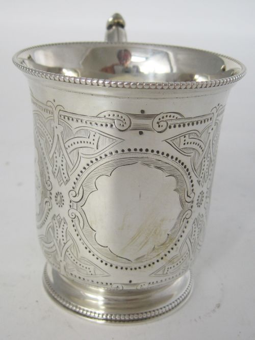 VICTORIAN TAPERING CYLINDRICAL SILVER CHRISTENING MUG WITH SCROLL HANDLE - ADDITIONAL PHOTO 1