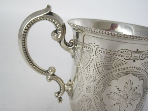 VICTORIAN TAPERING CYLINDRICAL SILVER CHRISTENING MUG WITH SCROLL HANDLE - ADDITIONAL PHOTO 2