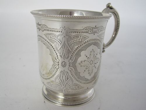 VICTORIAN TAPERING CYLINDRICAL SILVER CHRISTENING MUG WITH SCROLL HANDLE - ADDITIONAL PHOTO 3