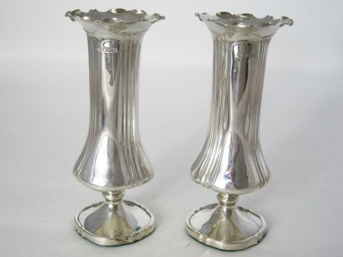 pair of edwardian silver vases with a crimped scalloped rim - CATEGORY: ANTIQUE SILVER - DATED 1900