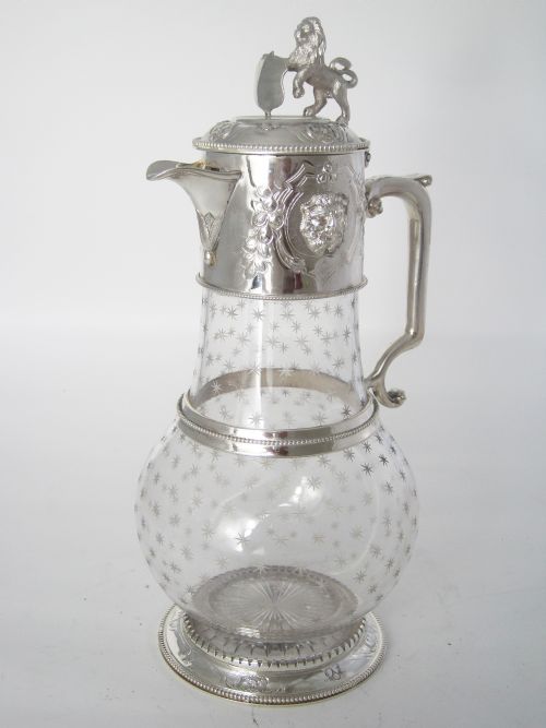 victorian silver plated claret jug with lion and shield finial - CATEGORY: ANTIQUE SILVER - DATED 1880