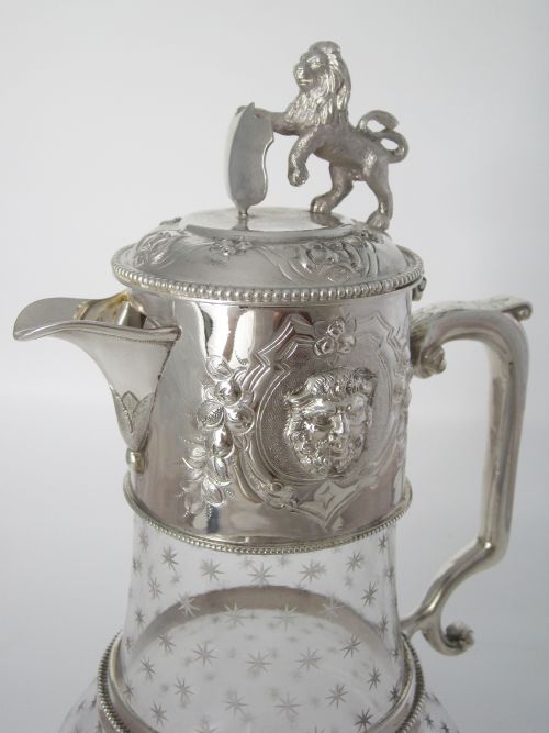 VICTORIAN SILVER PLATED CLARET JUG WITH LION AND SHIELD FINIAL - ADDITIONAL PHOTO 1