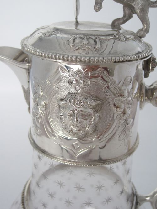 VICTORIAN SILVER PLATED CLARET JUG WITH LION AND SHIELD FINIAL - ADDITIONAL PHOTO 3