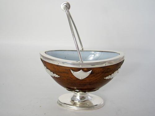 unusual victorian oak and silver plate boat shape sugar basket - CATEGORY: ANTIQUE SILVER - DATED 1890