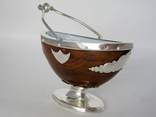 UNUSUAL VICTORIAN OAK AND SILVER PLATE BOAT SHAPE SUGAR BASKET - ADDITIONAL PHOTO 4