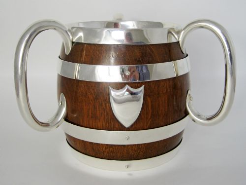 late victorian john grinsell oak and silver plate three handle loving cup - CATEGORY: ANTIQUE SILVER - DATED 1890