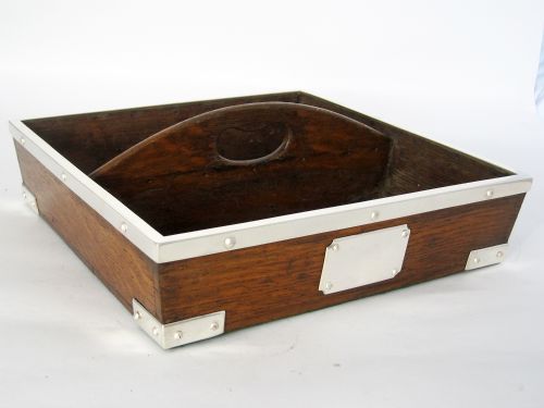 stylish oak and silver plated square cutlery container - CATEGORY: ANTIQUE SILVER - DATED 1890