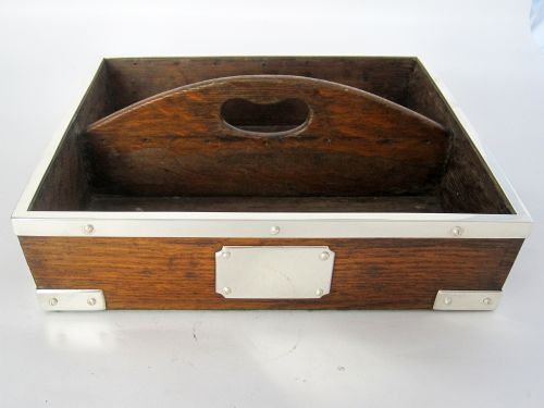 STYLISH OAK AND SILVER PLATED SQUARE CUTLERY CONTAINER - ADDITIONAL PHOTO 1
