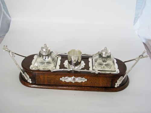 decorative late victorian oak and silver plate ink stand - CATEGORY: ANTIQUE SILVER - DATED 1890