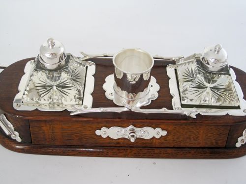 DECORATIVE LATE VICTORIAN OAK AND SILVER PLATE INK STAND - ADDITIONAL PHOTO 2