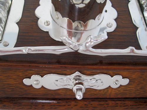 DECORATIVE LATE VICTORIAN OAK AND SILVER PLATE INK STAND - ADDITIONAL PHOTO 3