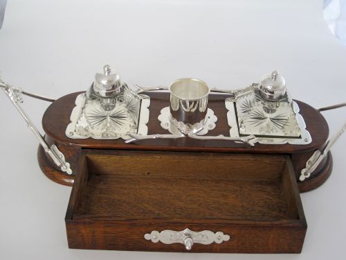 DECORATIVE LATE VICTORIAN OAK AND SILVER PLATE INK STAND - ADDITIONAL PHOTO 4