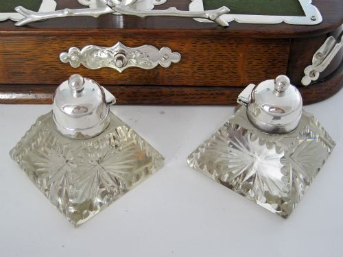 DECORATIVE LATE VICTORIAN OAK AND SILVER PLATE INK STAND - ADDITIONAL PHOTO 5