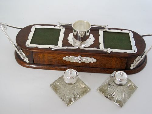 DECORATIVE LATE VICTORIAN OAK AND SILVER PLATE INK STAND - ADDITIONAL PHOTO 6