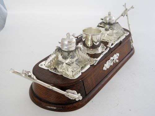 DECORATIVE LATE VICTORIAN OAK AND SILVER PLATE INK STAND - ADDITIONAL PHOTO 8