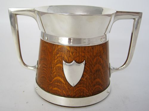 victorian oak and silver plated trophy flower or food container - CATEGORY: ANTIQUE SILVER - DATED 1890