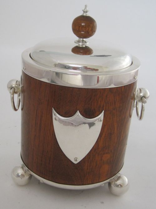 john grinsell son oak and silver plate barrel - CATEGORY: ANTIQUE SILVER - DATED 1890