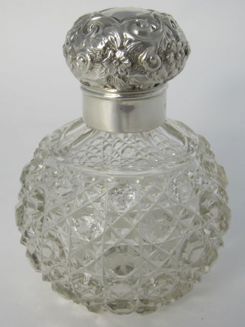 Victorian Silver and Cut Glass Perfume Bottle with Floral and Scroll Pattern Lid