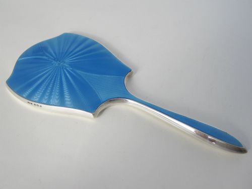 silver and turquoise blue gilloche enamel shaped hand mirror - CATEGORY: ANTIQUE SILVER - DATED 1940