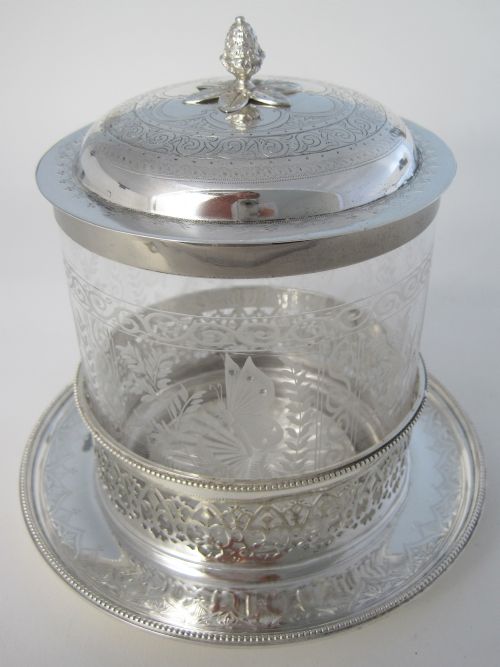 victorian engraved glass and silver plated circular biscuit barrel - CATEGORY: ANTIQUE SILVER - DATED 1890