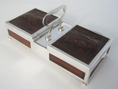 double ended silver plated box with panels of crocodile style leather - CATEGORY: ANTIQUE SILVER - DATED 1930