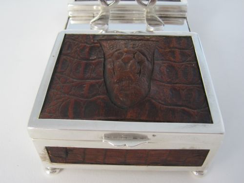 DOUBLE ENDED SILVER PLATED BOX WITH PANELS OF CROCODILE STYLE LEATHER - ADDITIONAL PHOTO 1